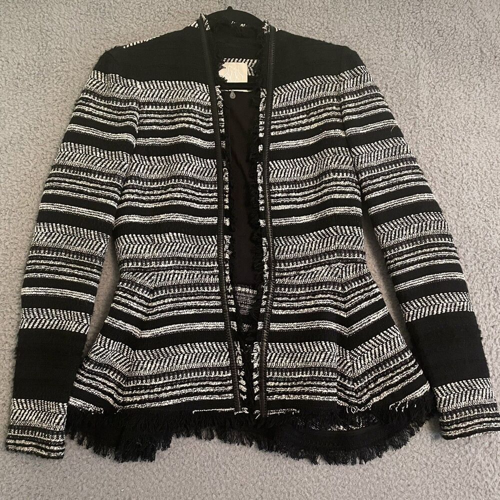 Rebecca Taylor Striped Evening Jacket Womens Size 2 Wool Cotton Blend Fringe